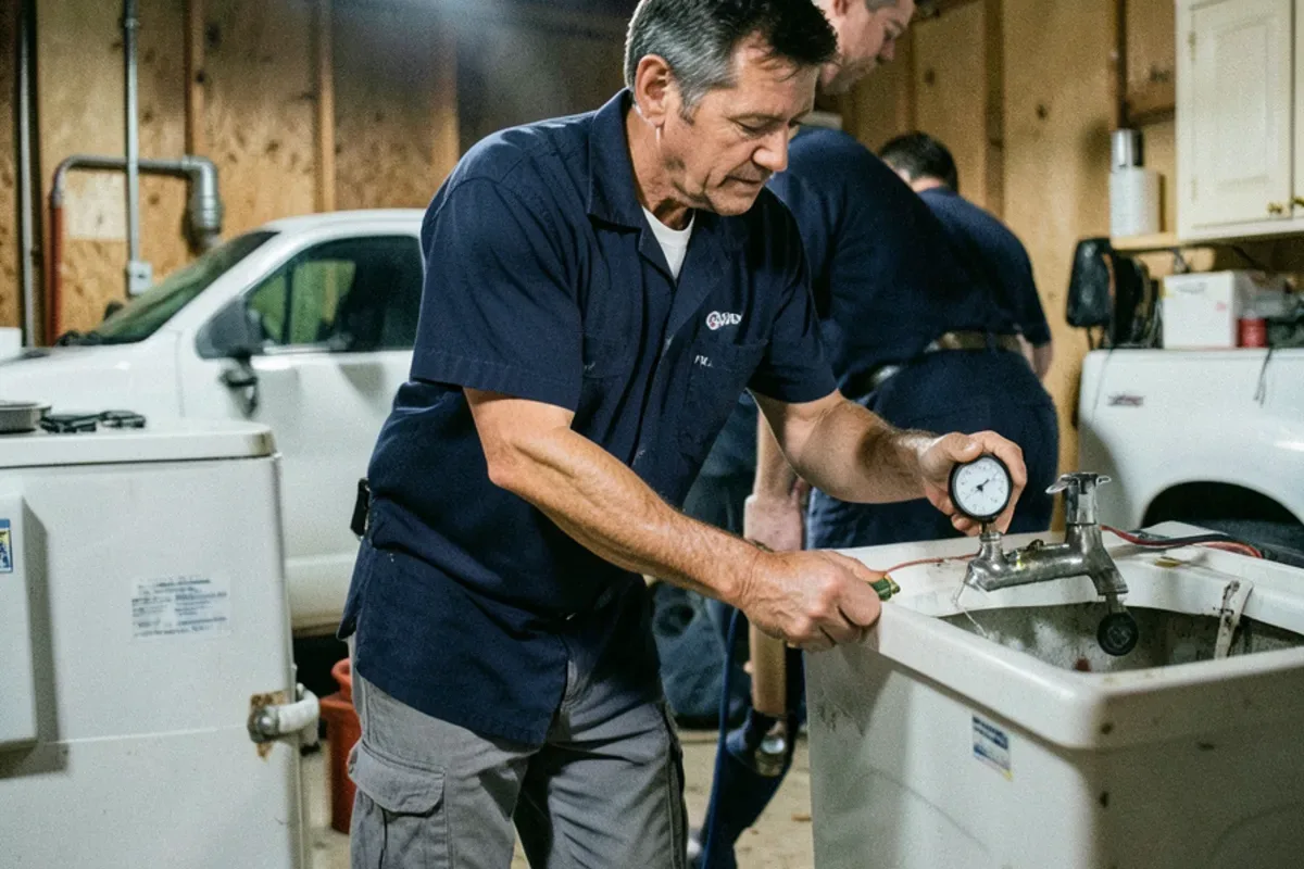 Plumber checking water pressure with a gauge on a basement laundry tub faucet