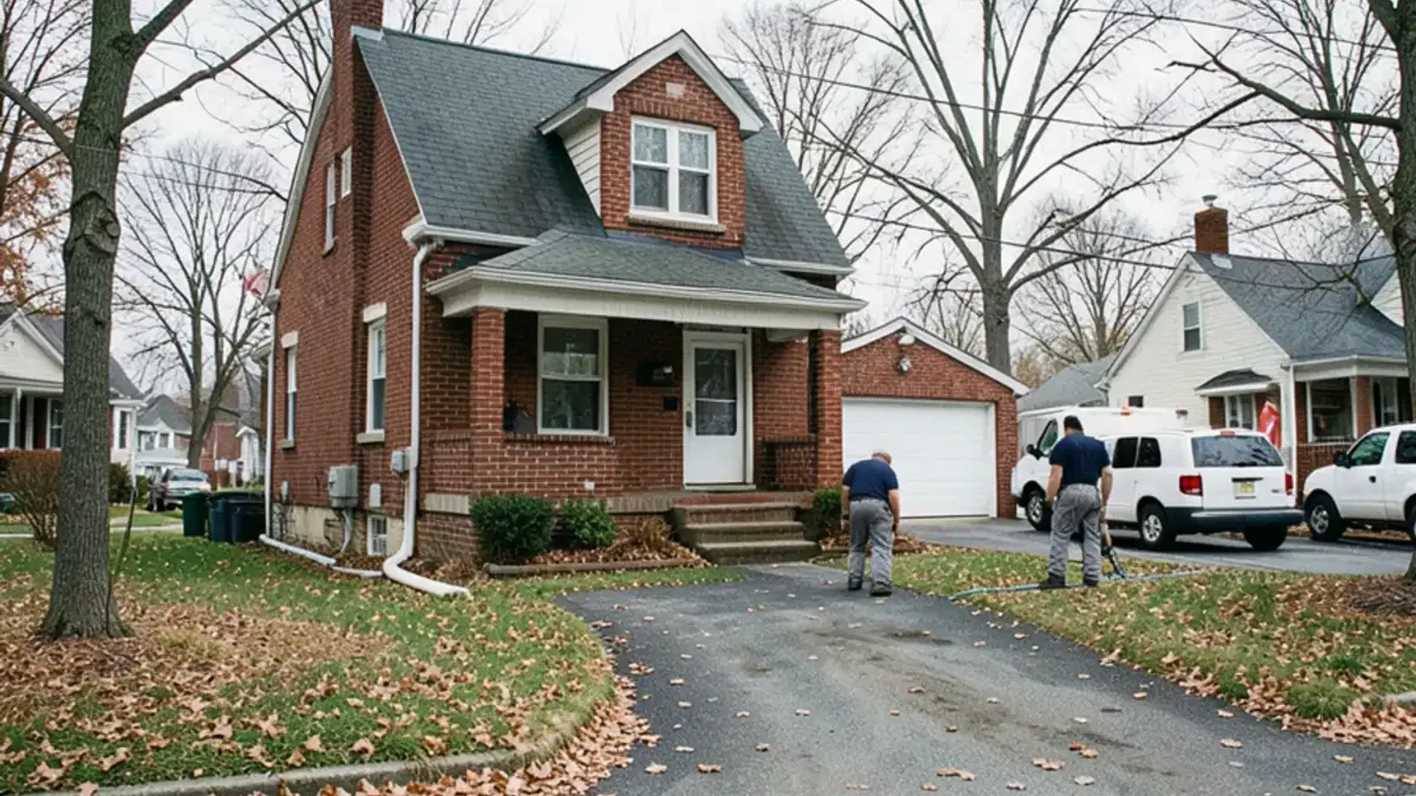 A 1940s brick bungalow with a covered front porch and a detached garage on a narrow grid-street lot in early November