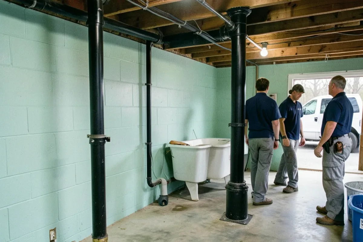 Cast iron drain stack and a round floor drain in a painted 1950s block basement