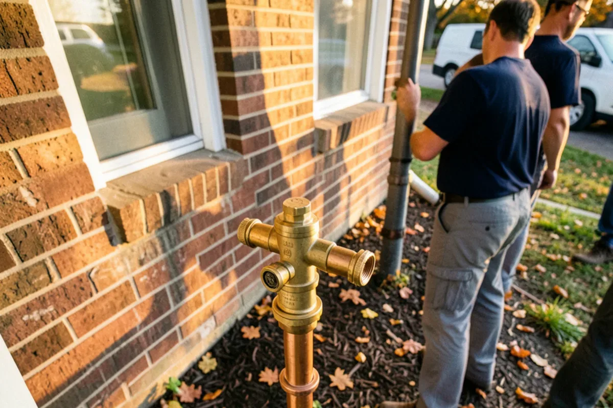 Brass backflow preventer on a lawn sprinkler supply line beside a small brick house