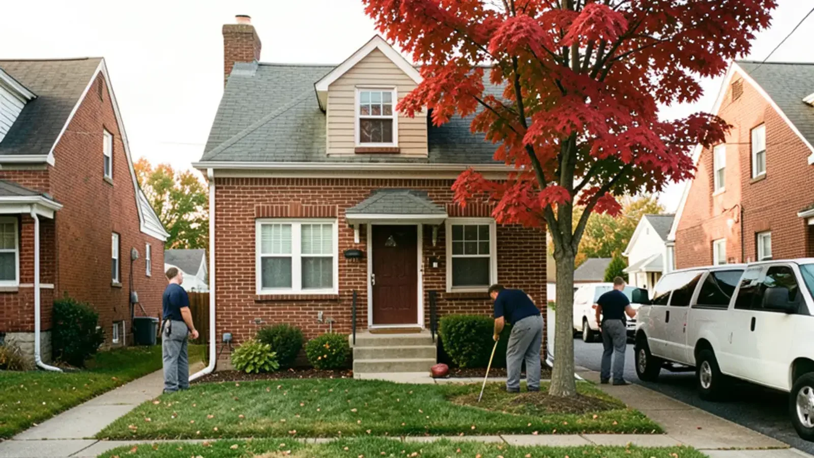 A 1950s brick story-and-a-half house with a dormer and a maple tree in the front yard in late October