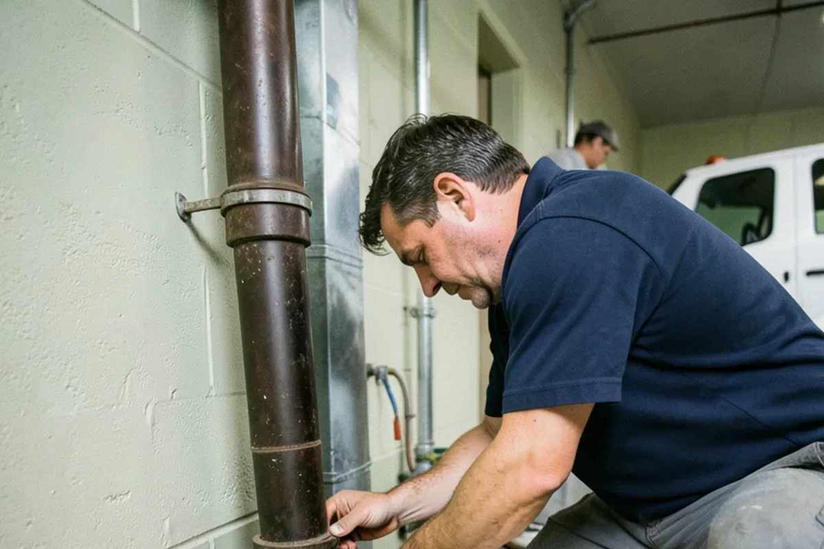 Plumber opening a cast iron cleanout on the building drain of a 1950s Detroit basement
