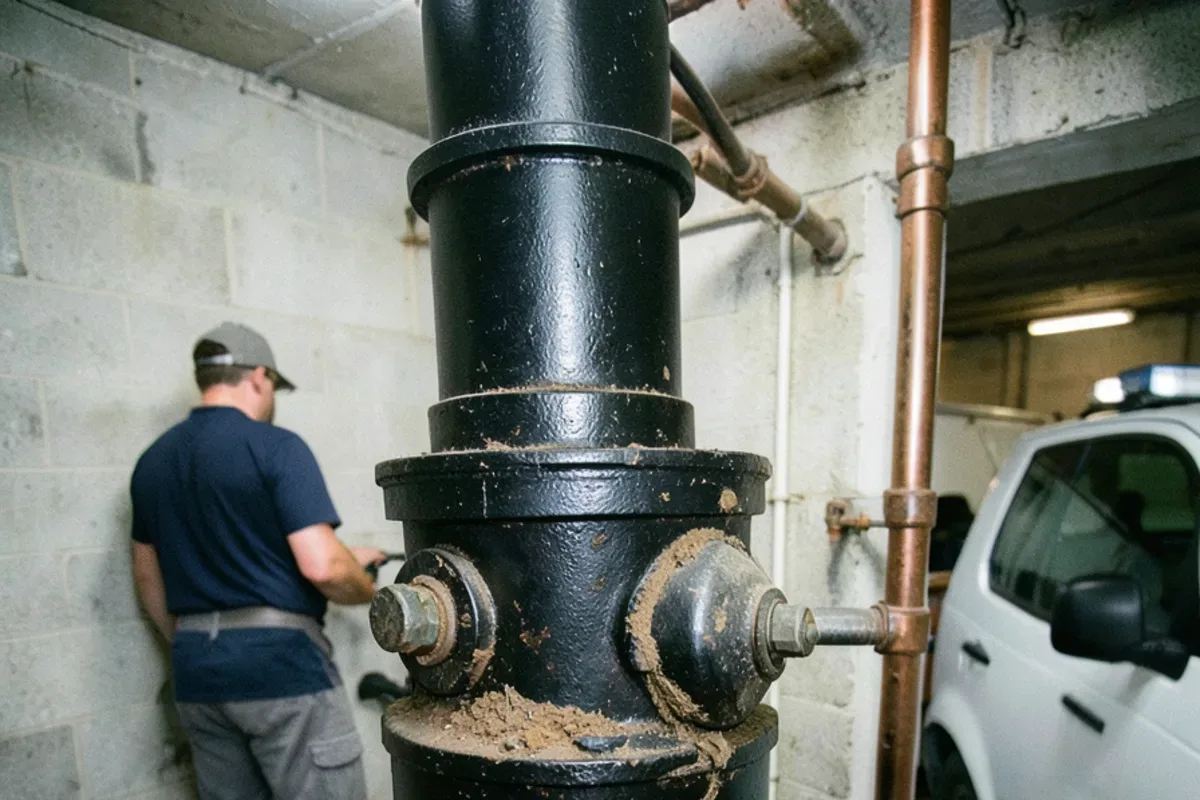 Cast iron soil stack with a lead and oakum hub joint in a bungalow basement