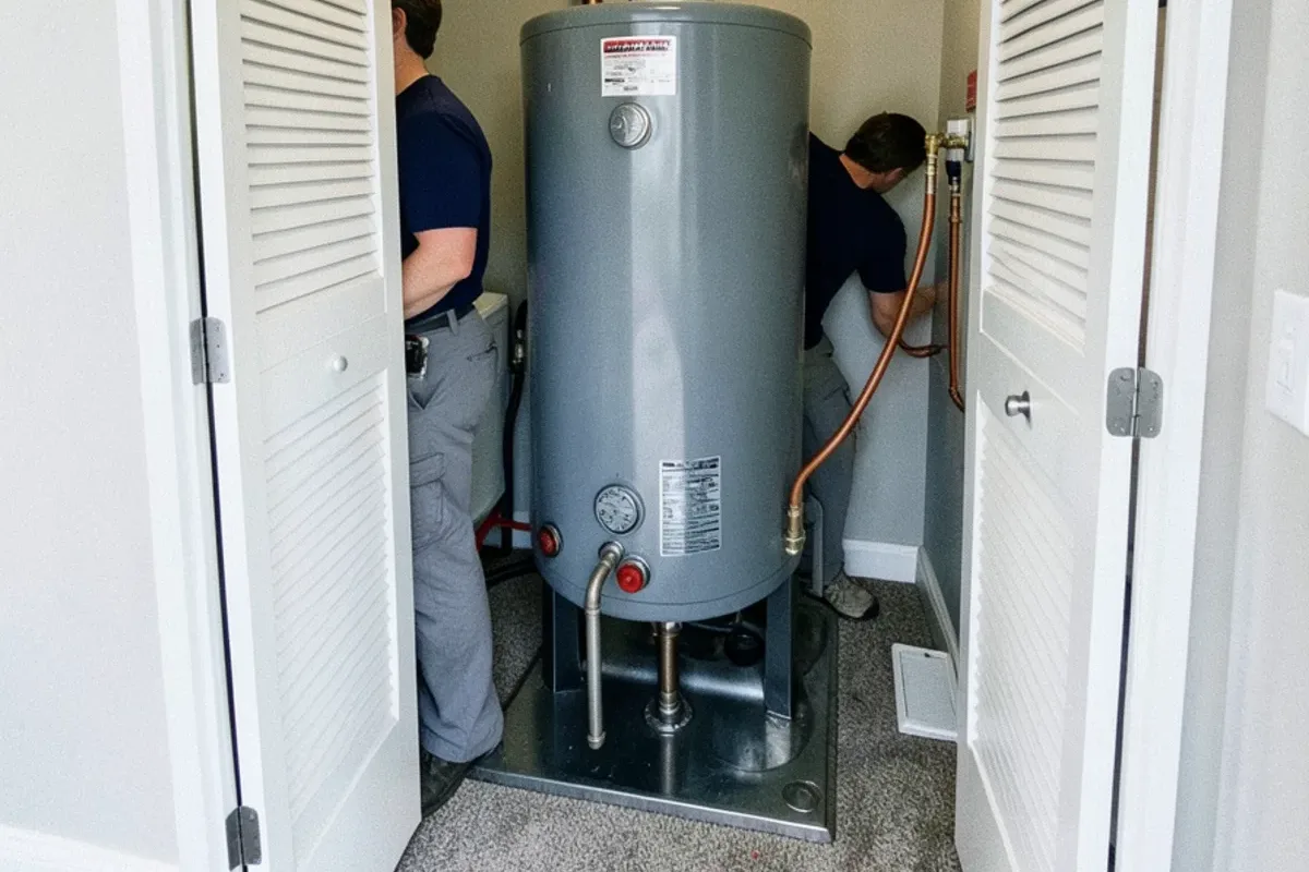 Tank water heater in a condo utility closet with a metal drain pan underneath