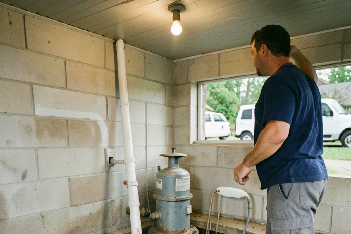 Sump pit with a pedestal pump in the corner of a block basement in a 1960s ranch