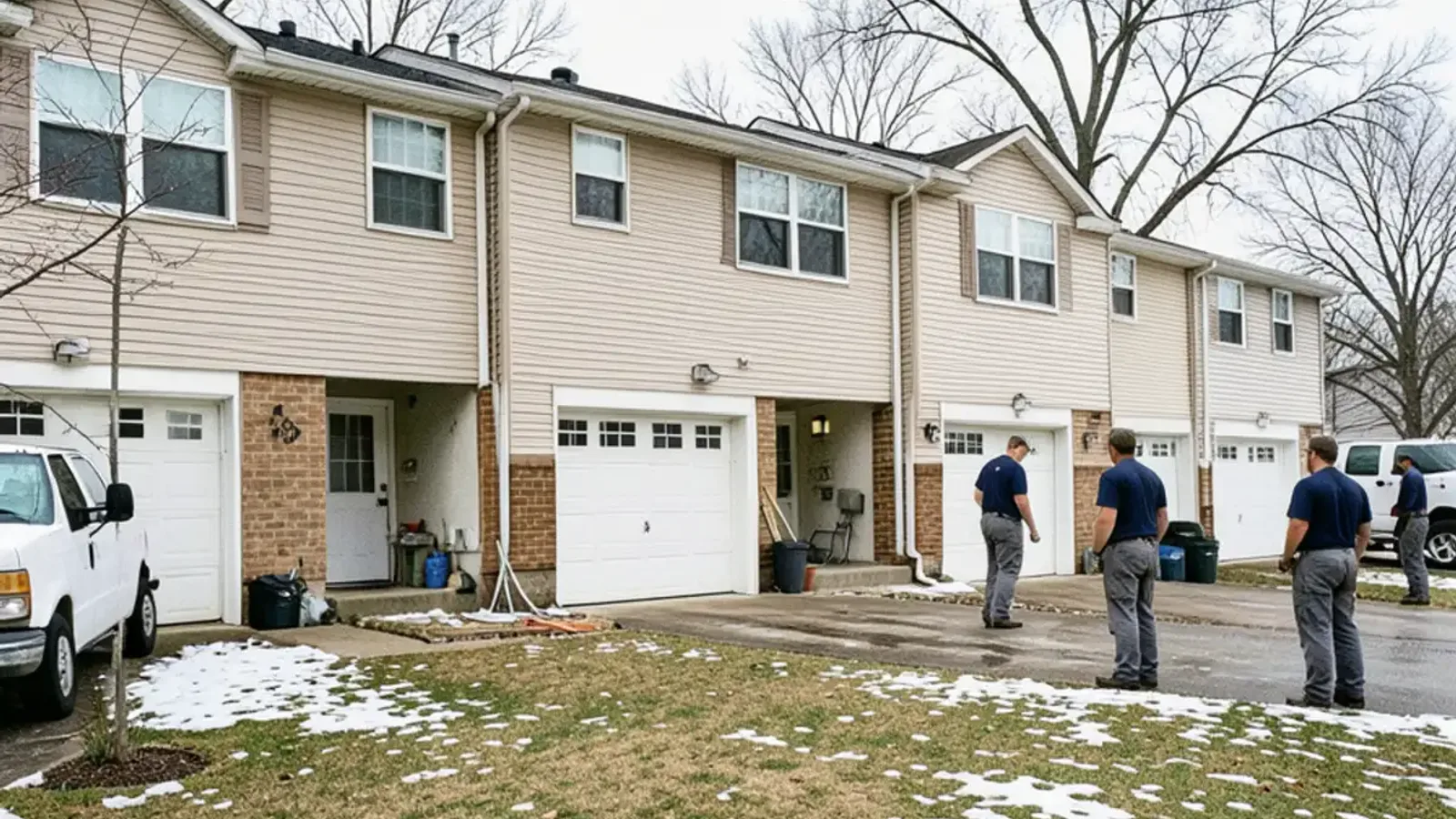 Row of 1990s two-story vinyl-sided condo townhouses with attached garages in Fraser in late winter