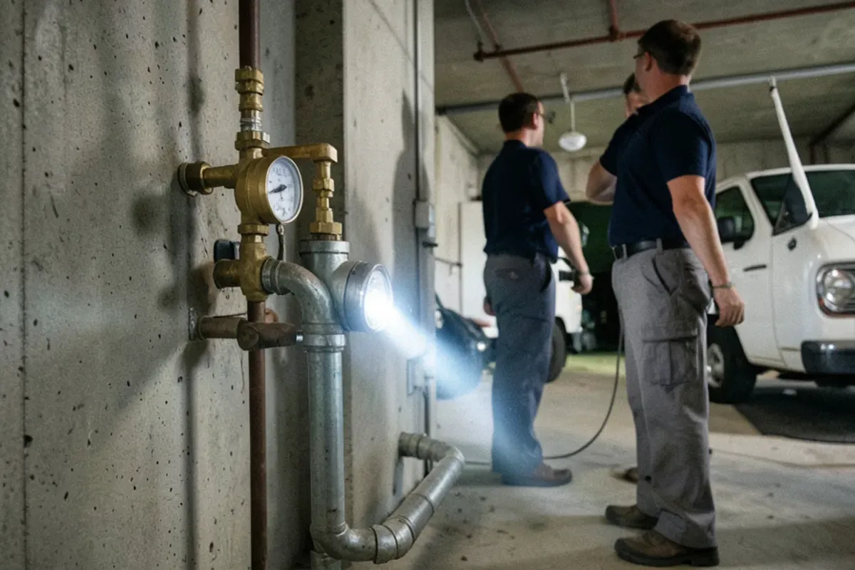 Water service pipe entering a poured basement wall beside the meter and main shutoff in an older brick home