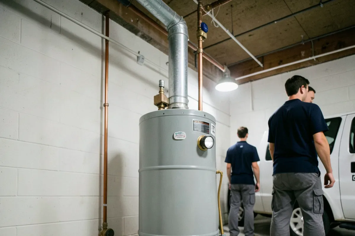 Gas water heater on a raised pad near a floor drain in an unfinished block basement