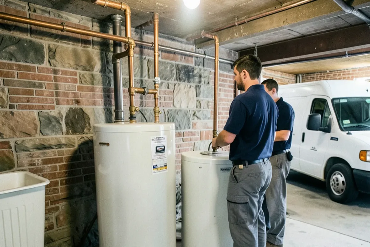 Two gas water heaters side by side in the shared basement of a two-family flat