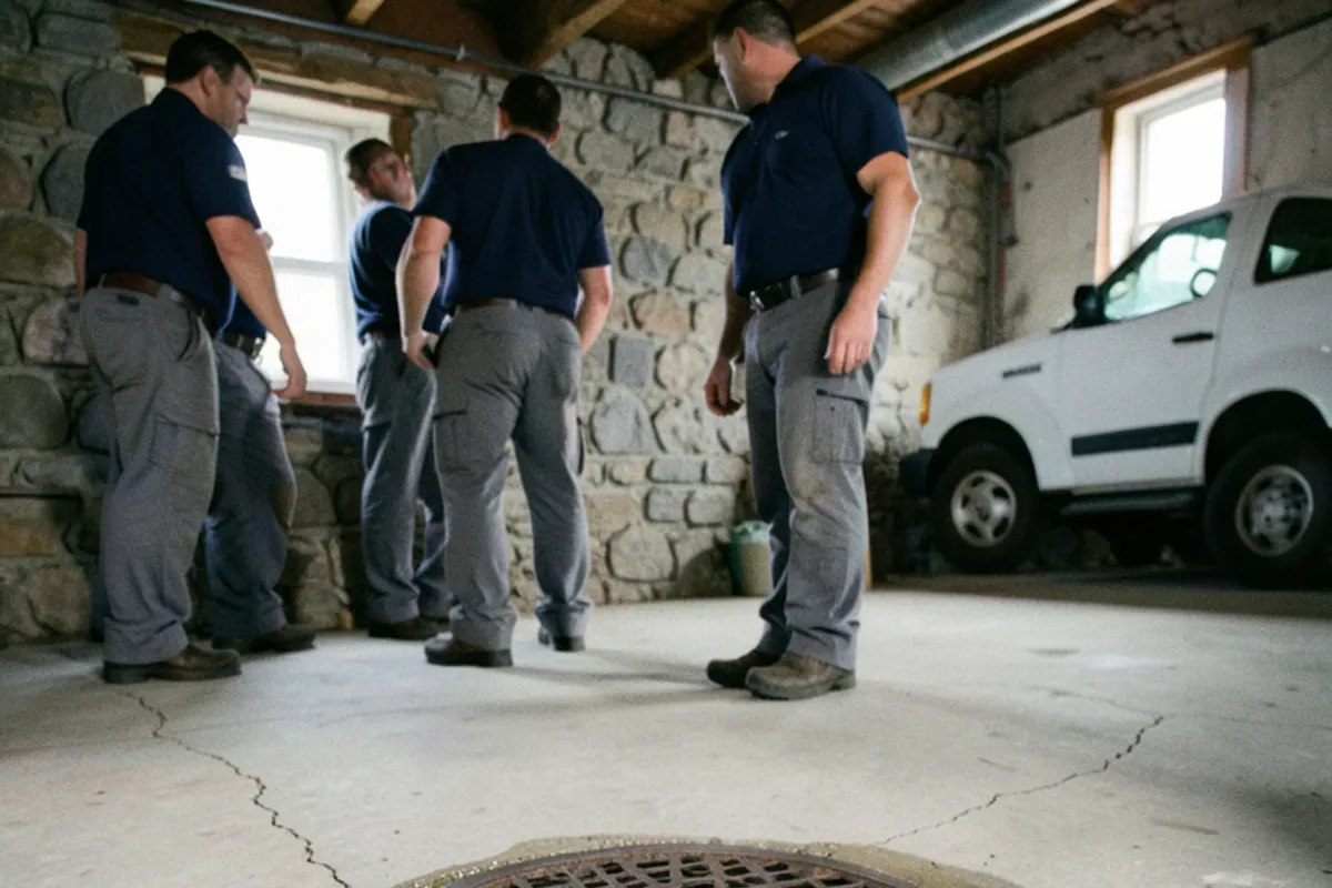 Round cast iron floor drain with a water stain ring in a prewar Hamtramck basement