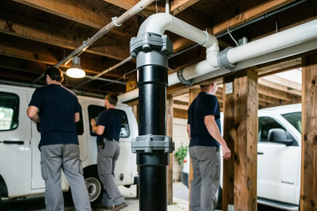 Cast iron soil stack with leaded hub joints rising through the basement of a two-family flat