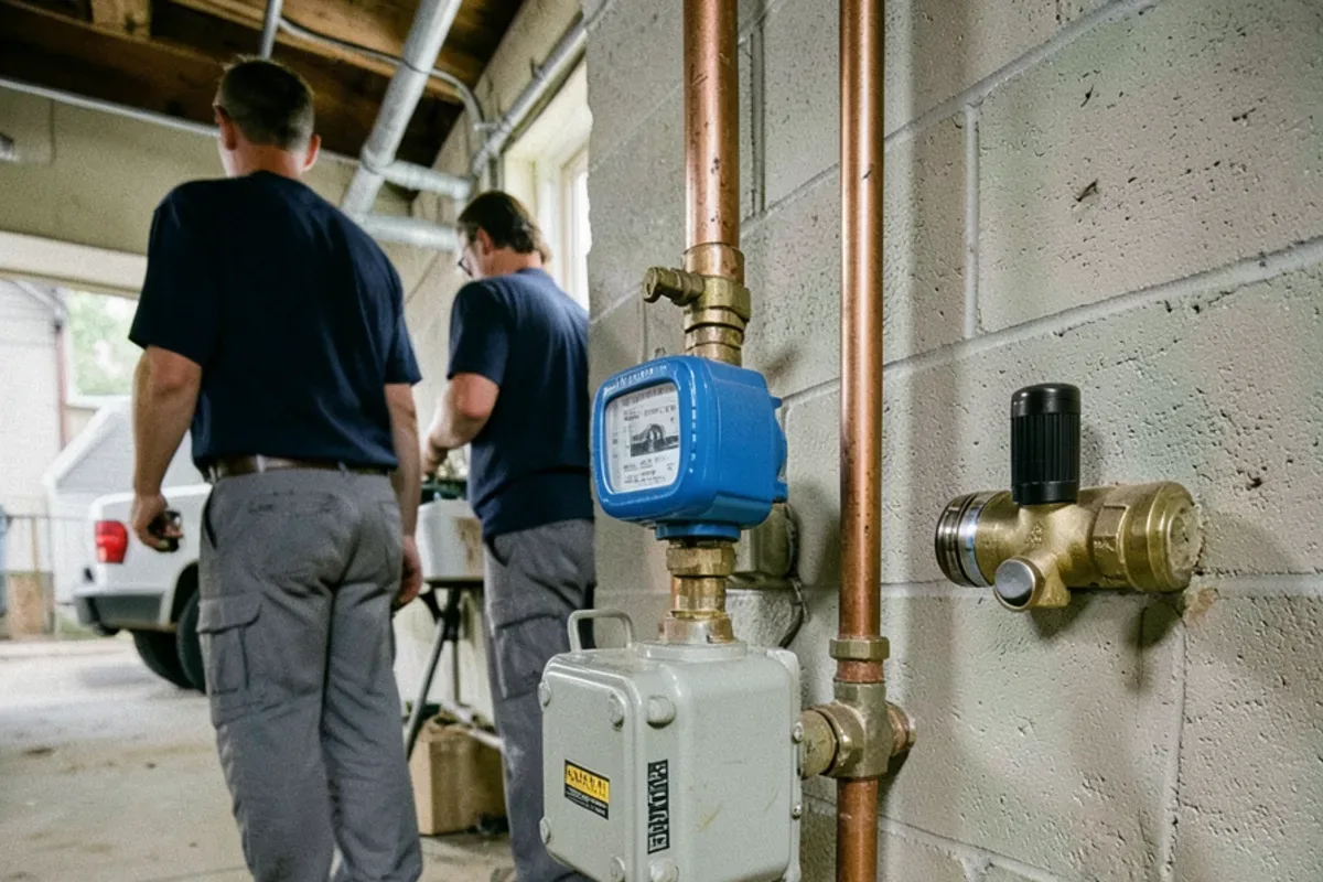 Water meter on a copper service line entering through a cinder block basement wall