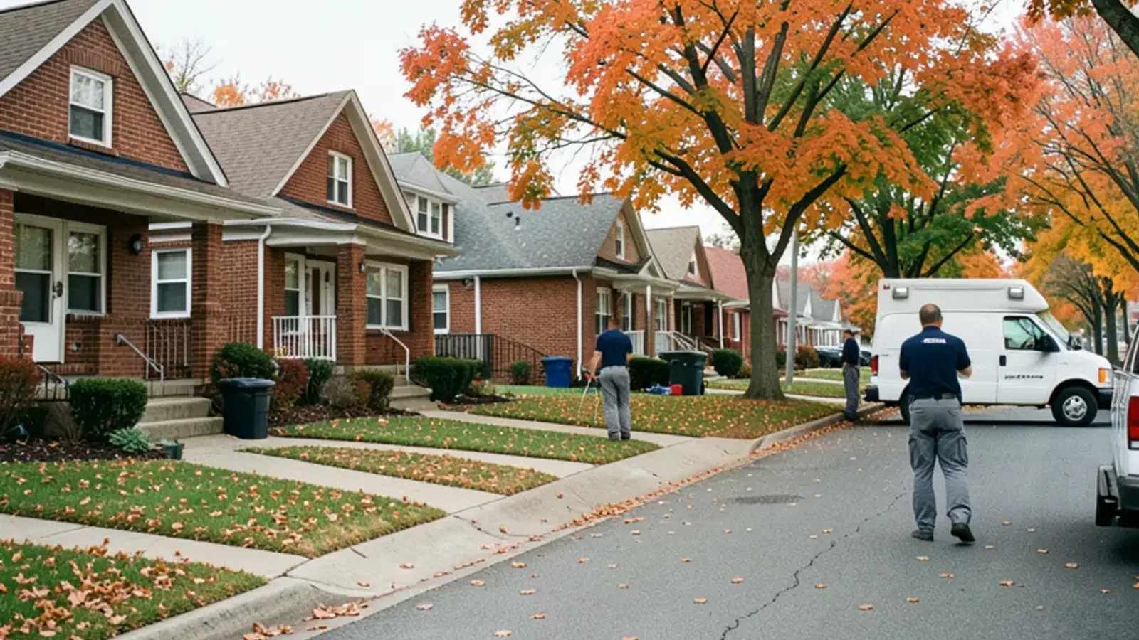 A curving Harper Woods street of 1950s brick ranches with low hip roofs and short driveways in late autumn