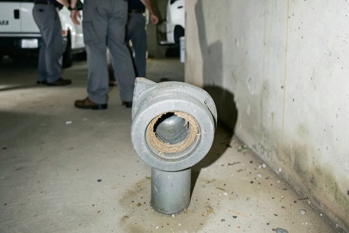 Cast iron drain hub joint packed with lead in a low-ceilinged bungalow basement