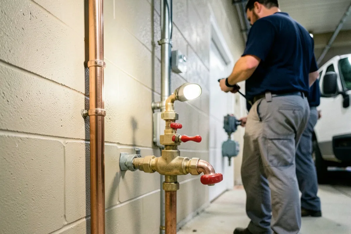 Copper water service line entering a basement wall with a new brass ball valve before the meter