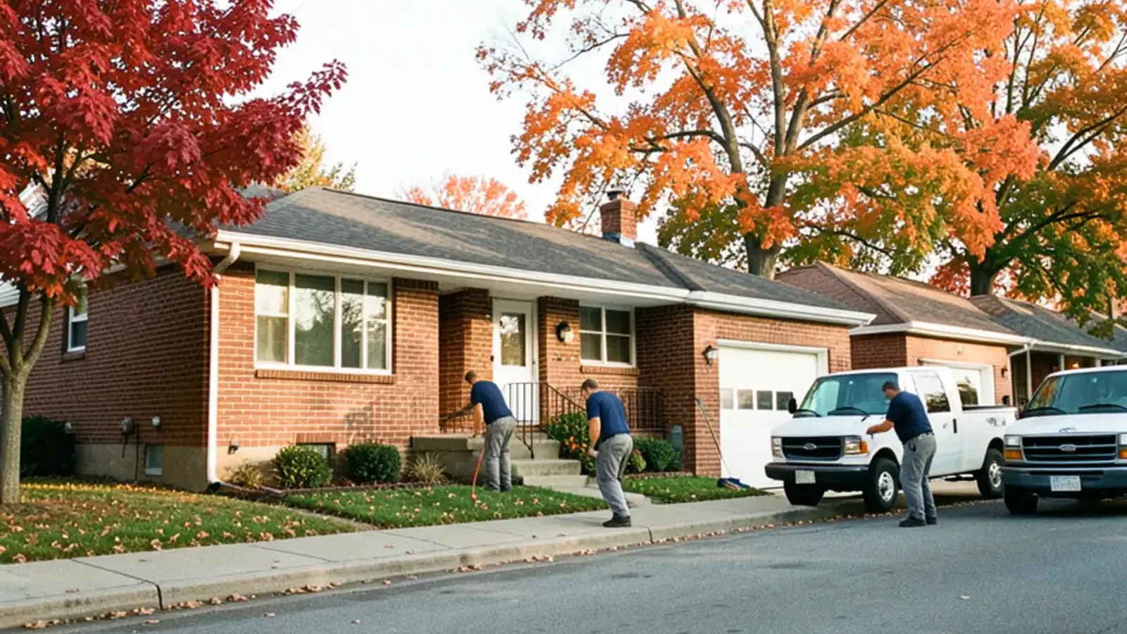 Row of 1950s brick ranch houses with low hip roofs and picture windows on a Madison Heights street in October