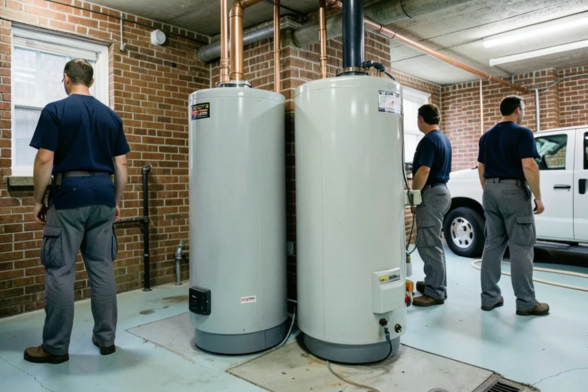 Copper risers and tank water heaters in the mechanical room of a 1960s apartment building