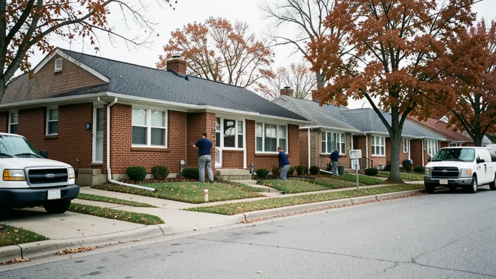 A 1950s brick ranch house with a picture window and a concrete driveway on a flat suburban street in late fall