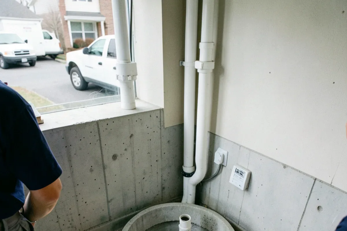 Sump crock with a submersible pump and PVC discharge pipe in a poured concrete 1970s basement