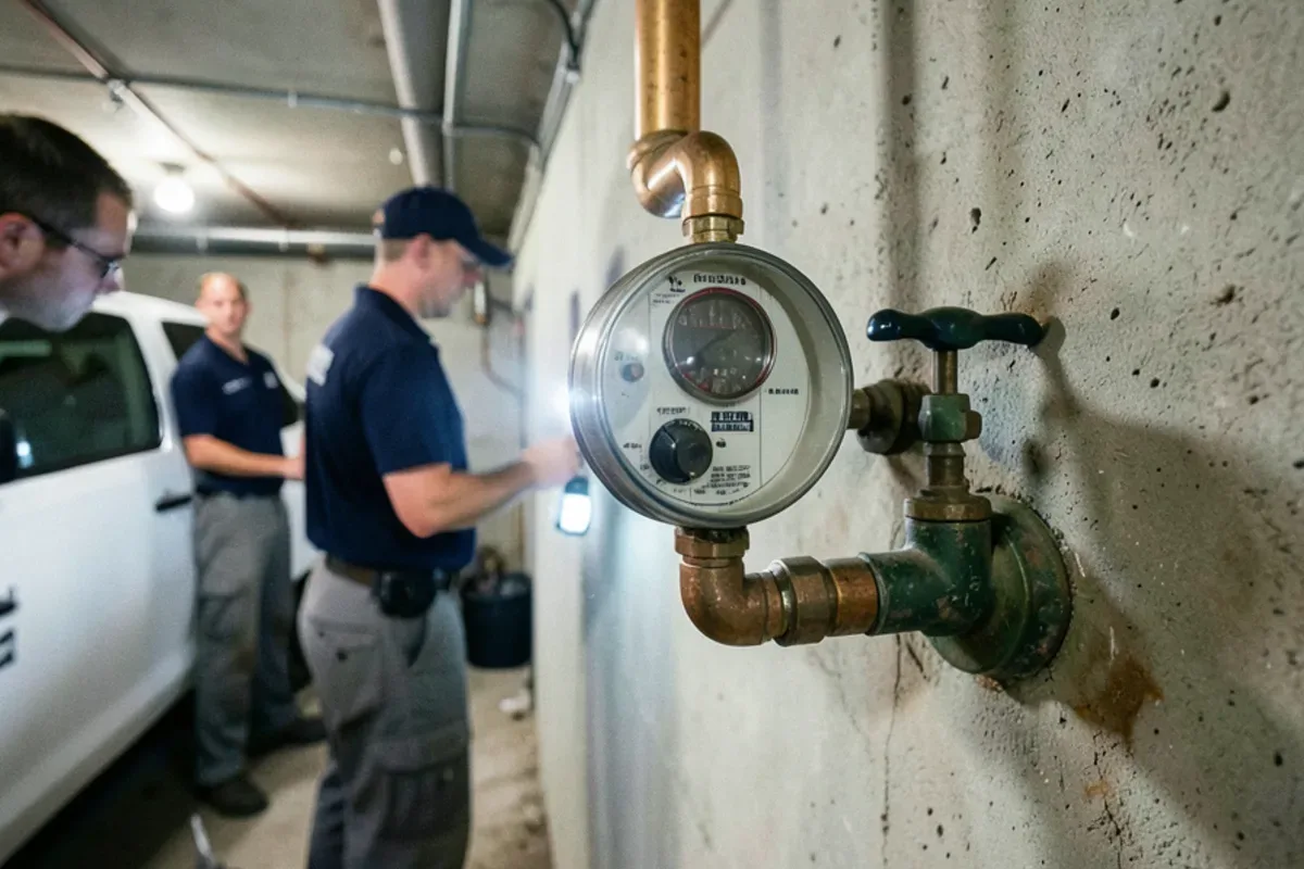 Copper water service and meter with a ball valve shutoff on a poured basement wall