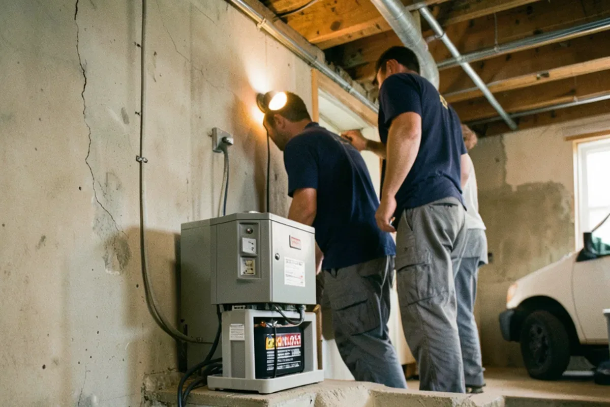 Battery backup sump pump controller and sealed battery on a shelf beside a basement sump pit