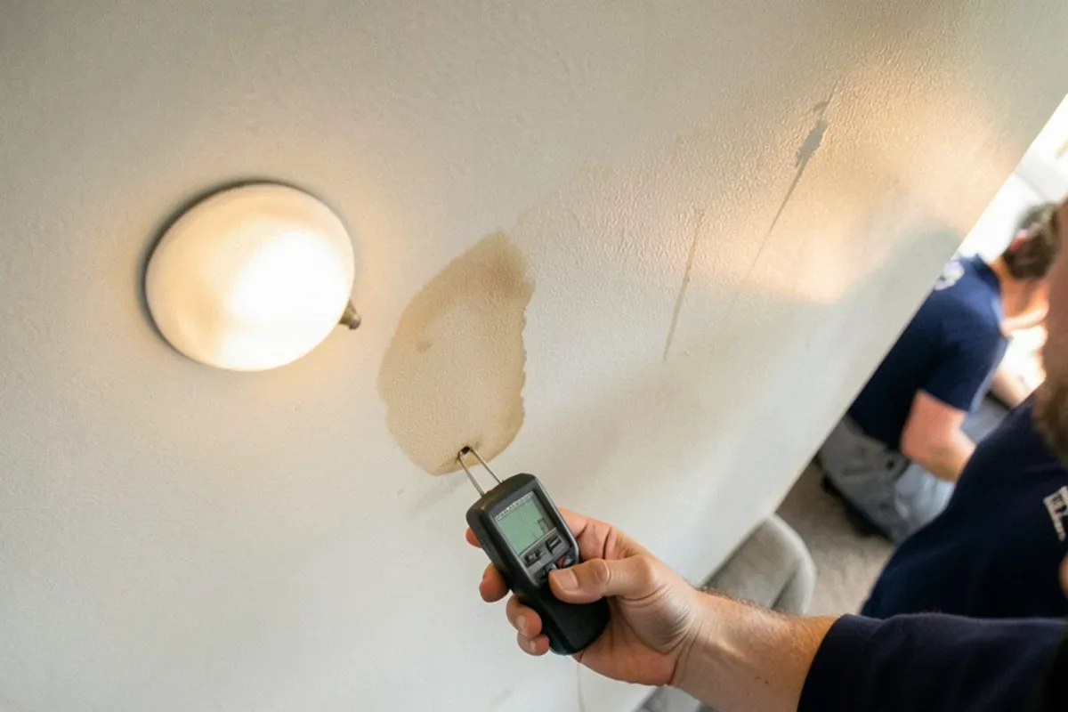 Moisture meter pressed against a water-stained drywall ceiling in a finished basement