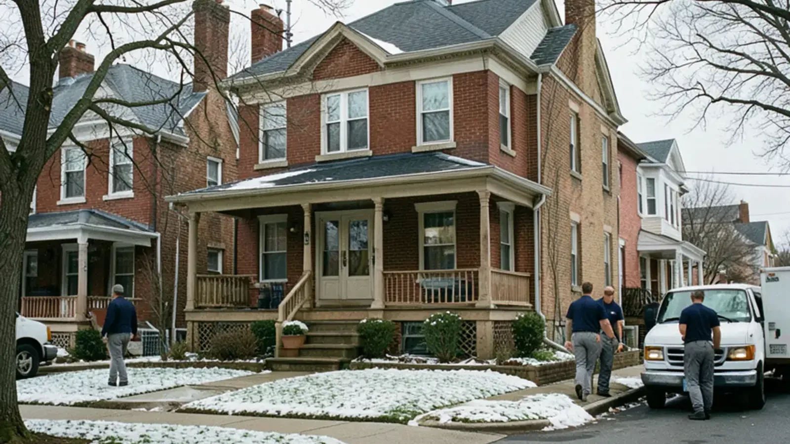 Two-story brick and frame houses with deep front porches on a Detroit east side street in early winter