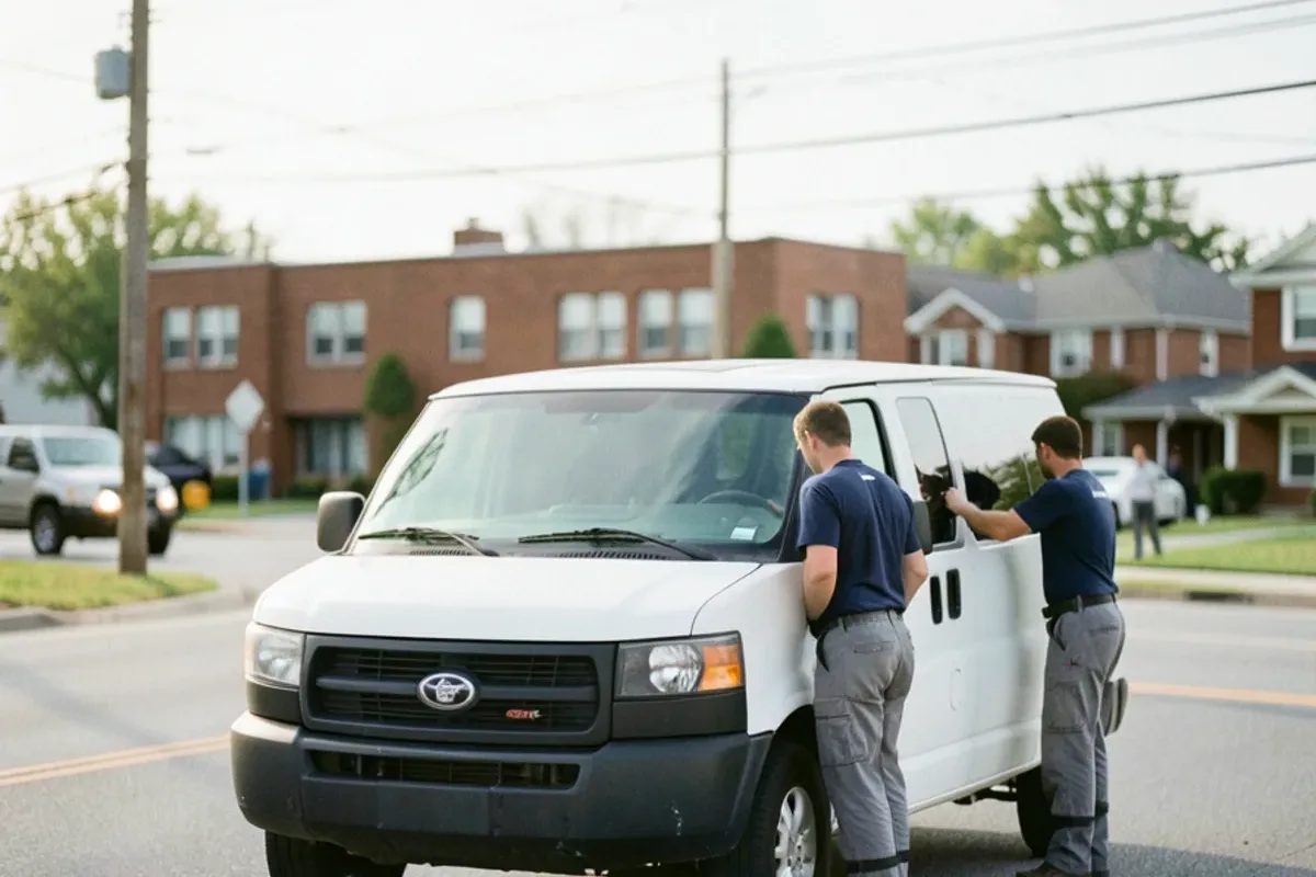 Plain white service van driving on a southeast Michigan mile road