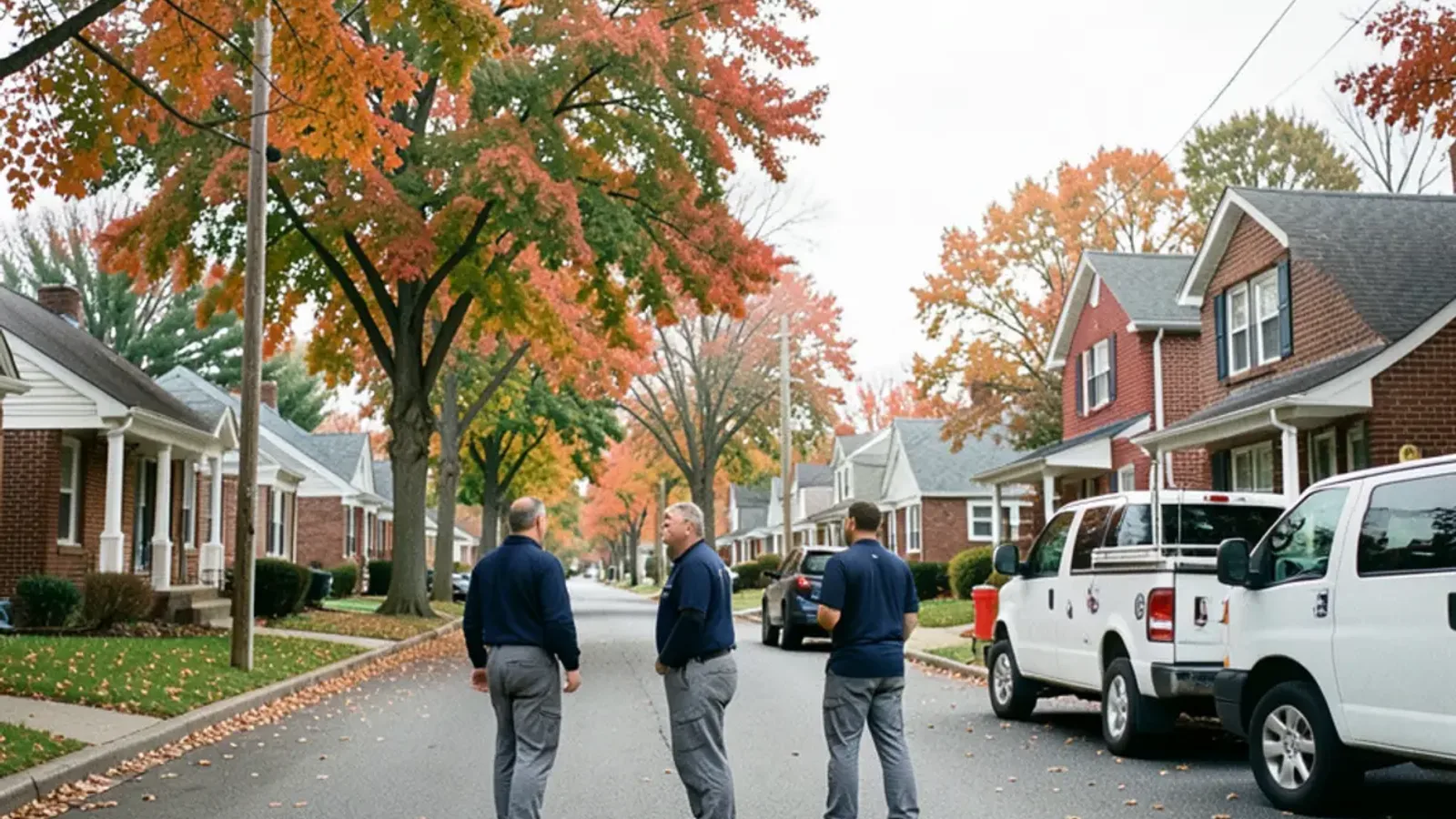 Rows of 1950s brick ranch homes on a tree-lined street in southeast Michigan in autumn