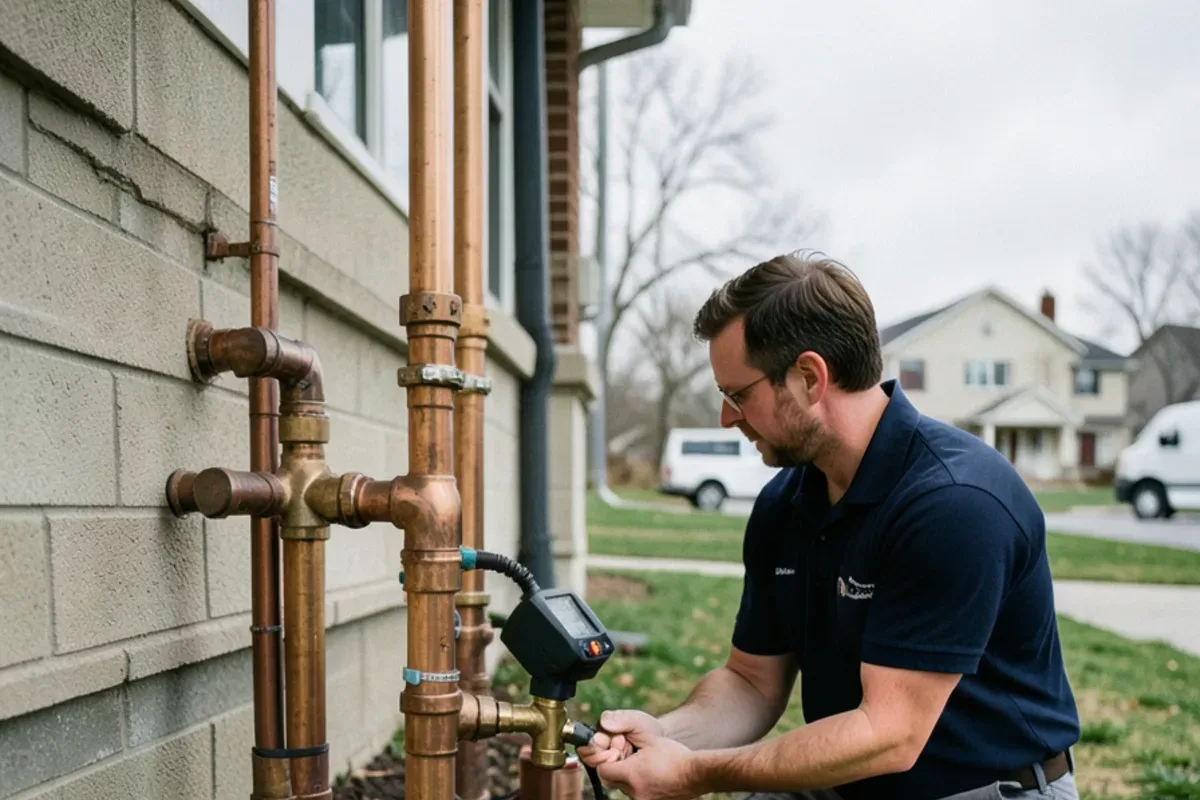 Test gauge connected to an outdoor pressure vacuum breaker on a lawn irrigation line