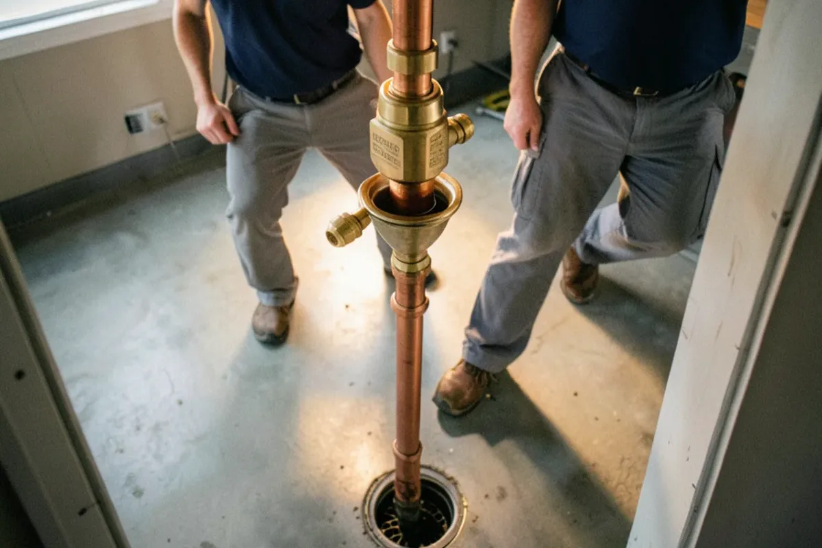 Reduced pressure zone assembly with an air-gap funnel under its relief port piped to a floor drain