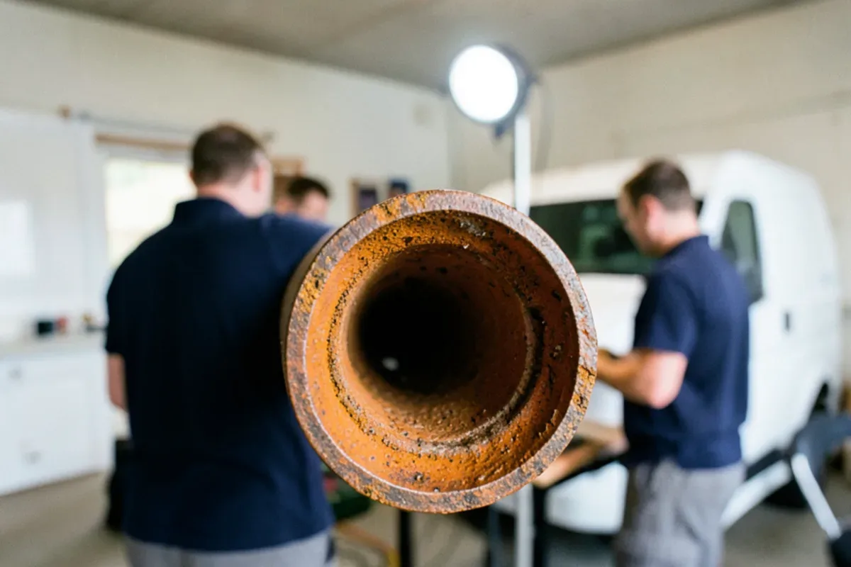 Cut cross-section of old cast iron drain pipe showing scale buildup and a thinned bottom