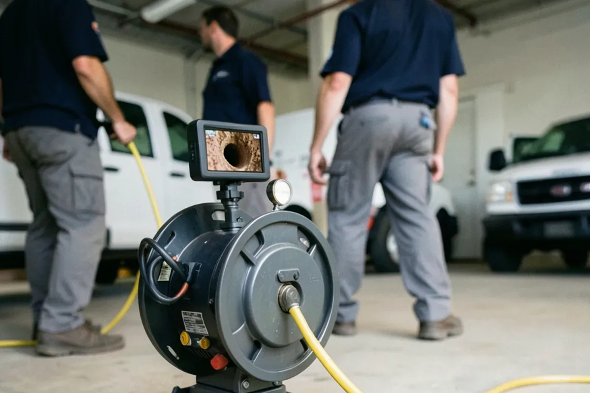 Sewer inspection camera cable fed into a basement cleanout with a monitor nearby