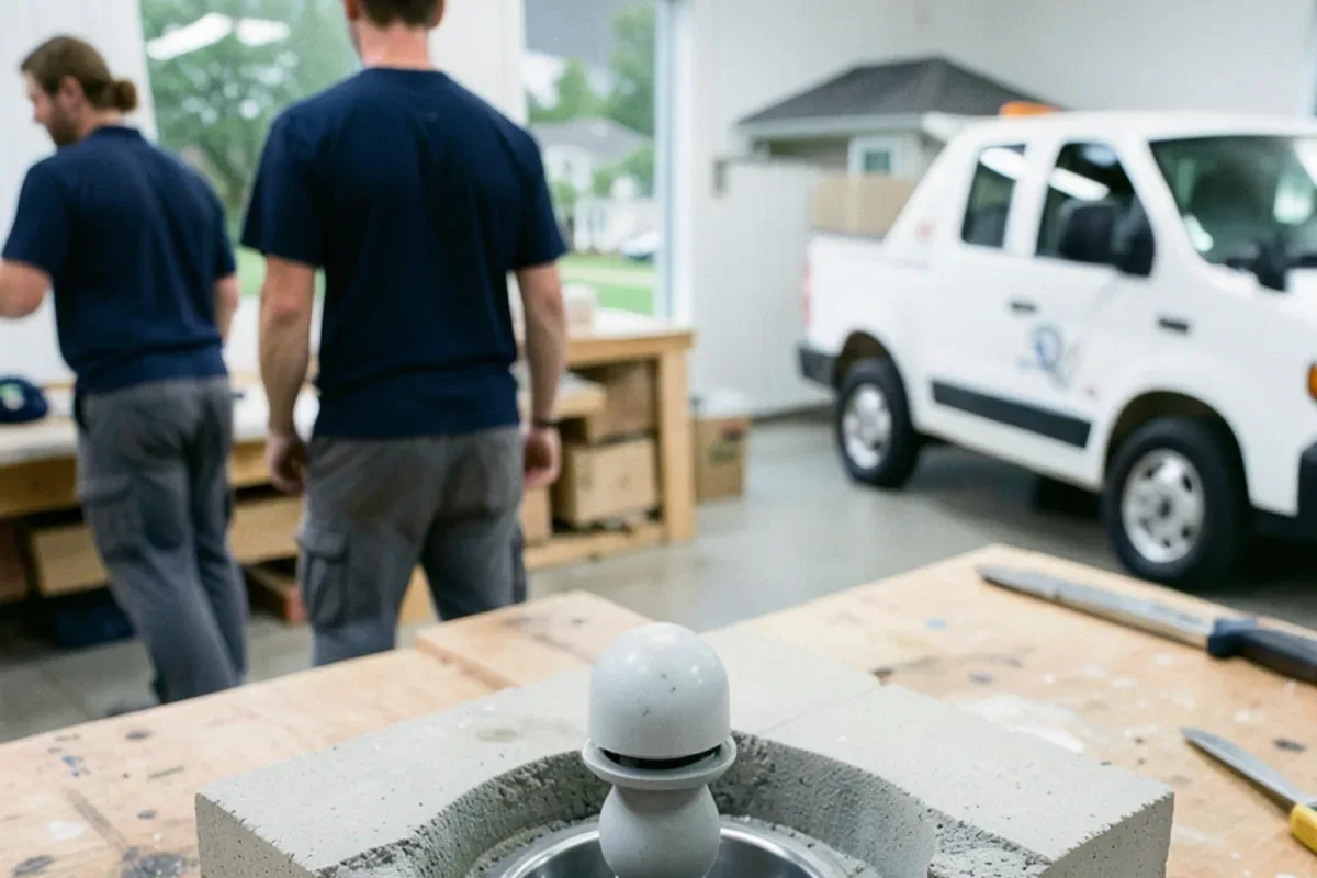 Cutaway of a floating ball plug sealing a floor drain as water rises underneath