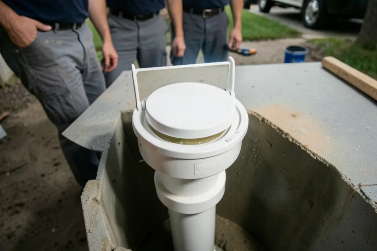 Clear inspection lid on a backwater valve showing the flap closed against its seat