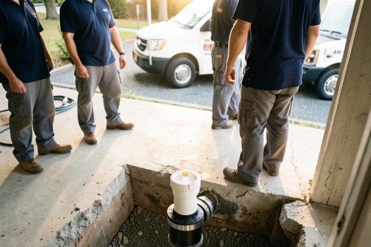 White plastic backwater valve joined to an old cast iron building drain with rubber couplings in an open floor trench