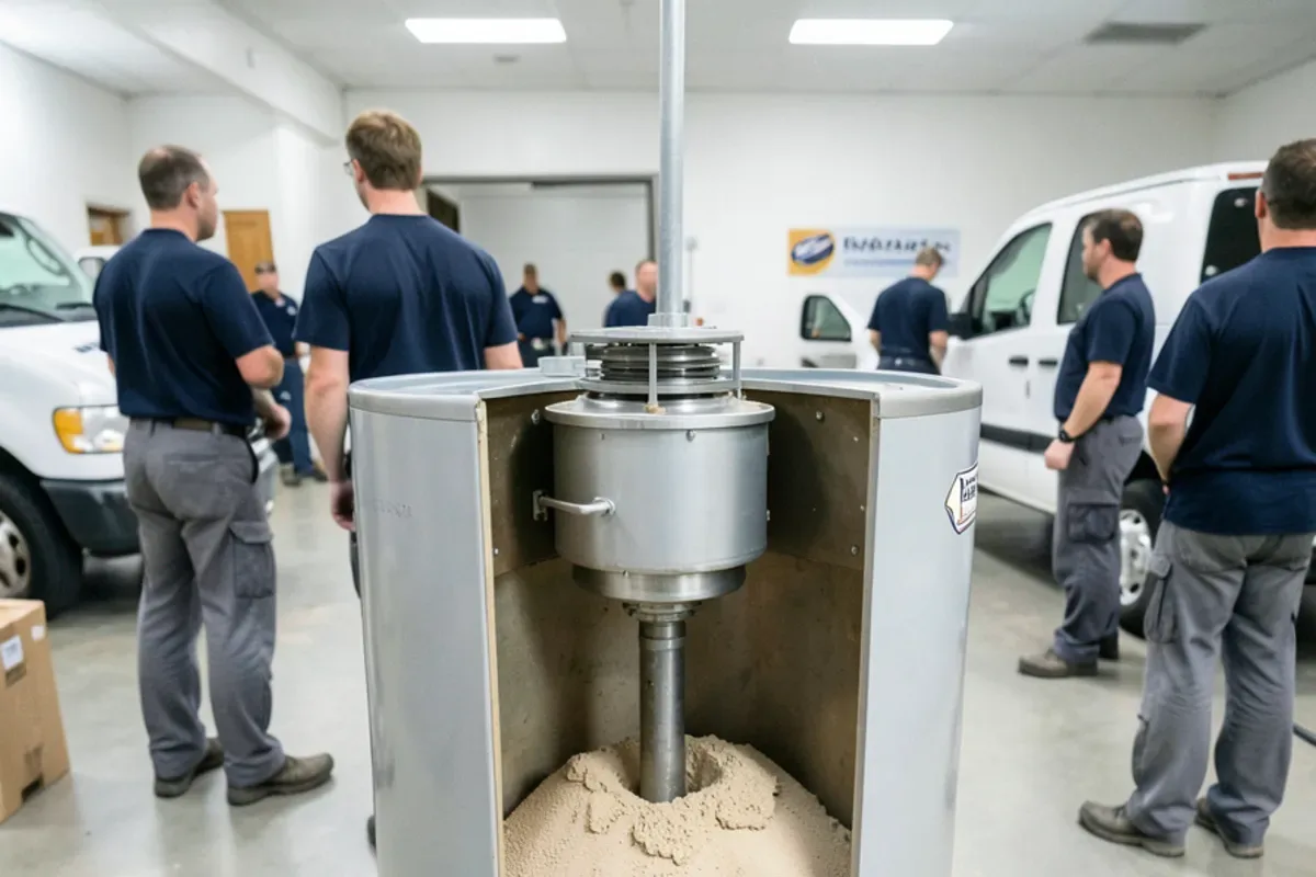 Cutaway of a gas water heater tank with a layer of sediment above the burner