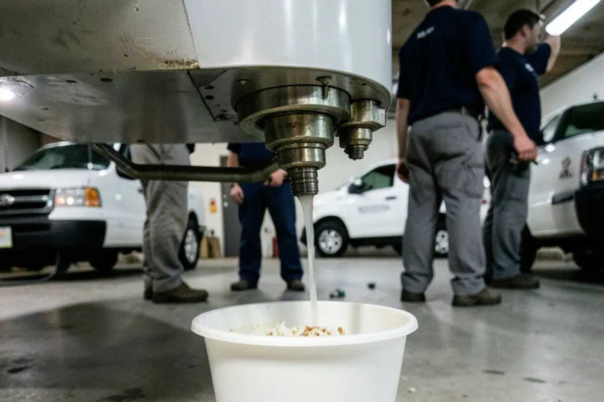 Bucket catching cloudy water and white mineral flakes from a water heater drain valve