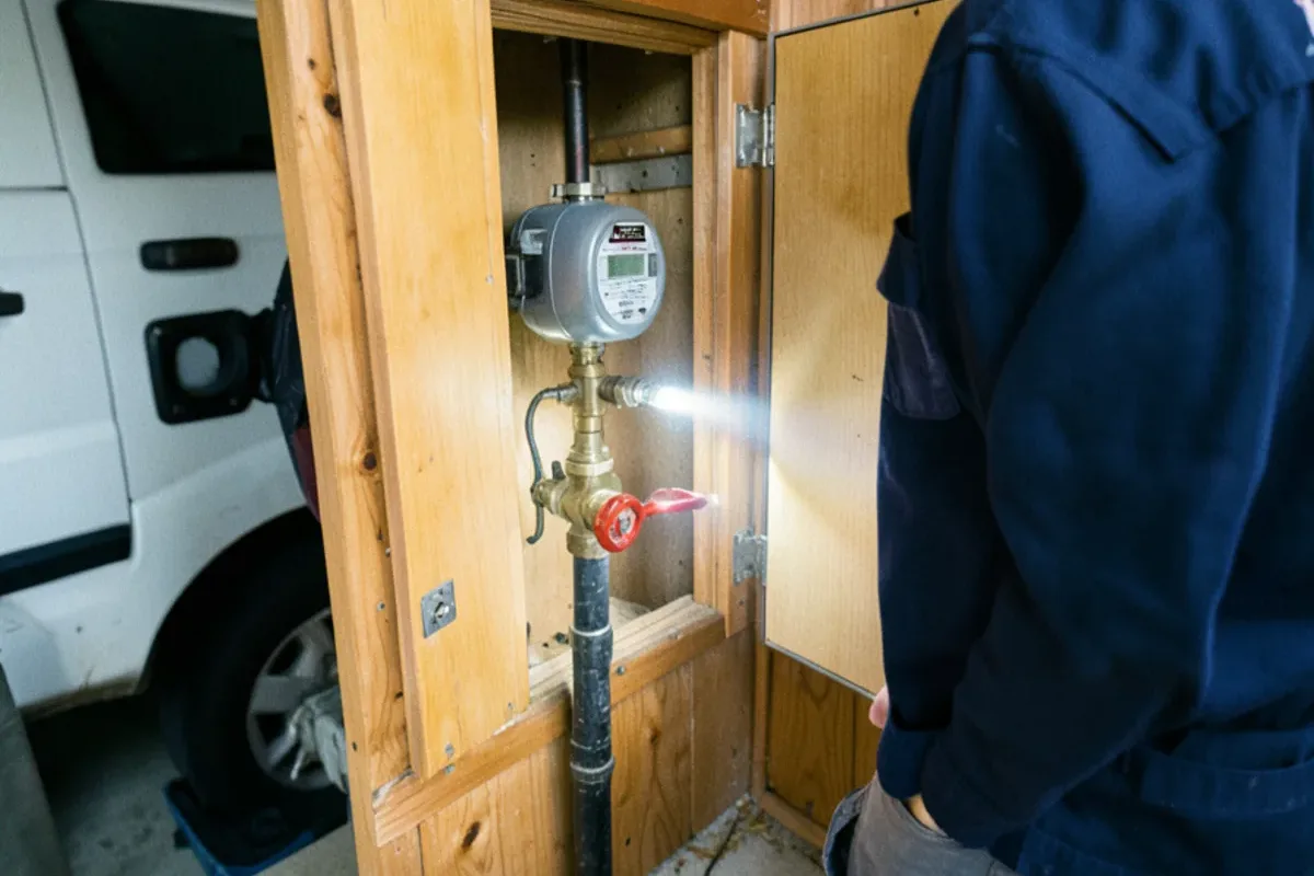 Water meter and shutoff valve visible behind an open access panel in a finished basement wall