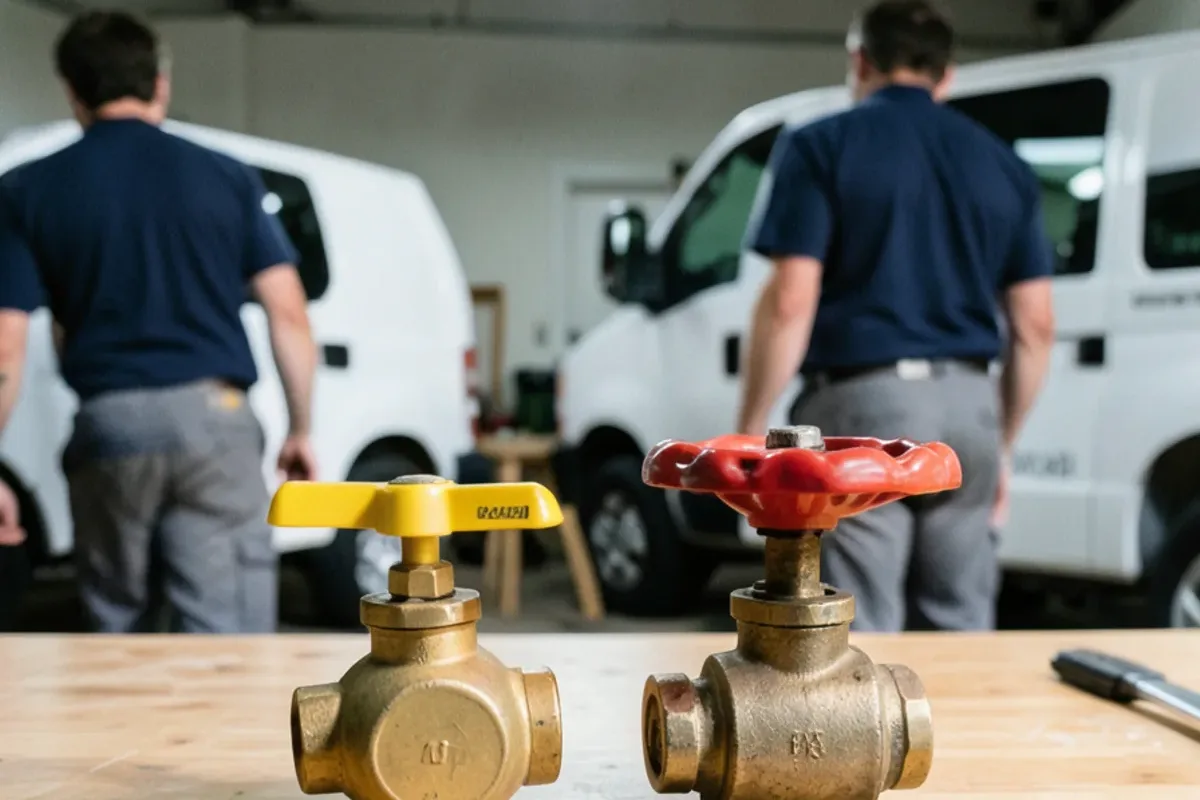 A lever-handle ball valve and a wheel-handle gate valve side by side on a workbench