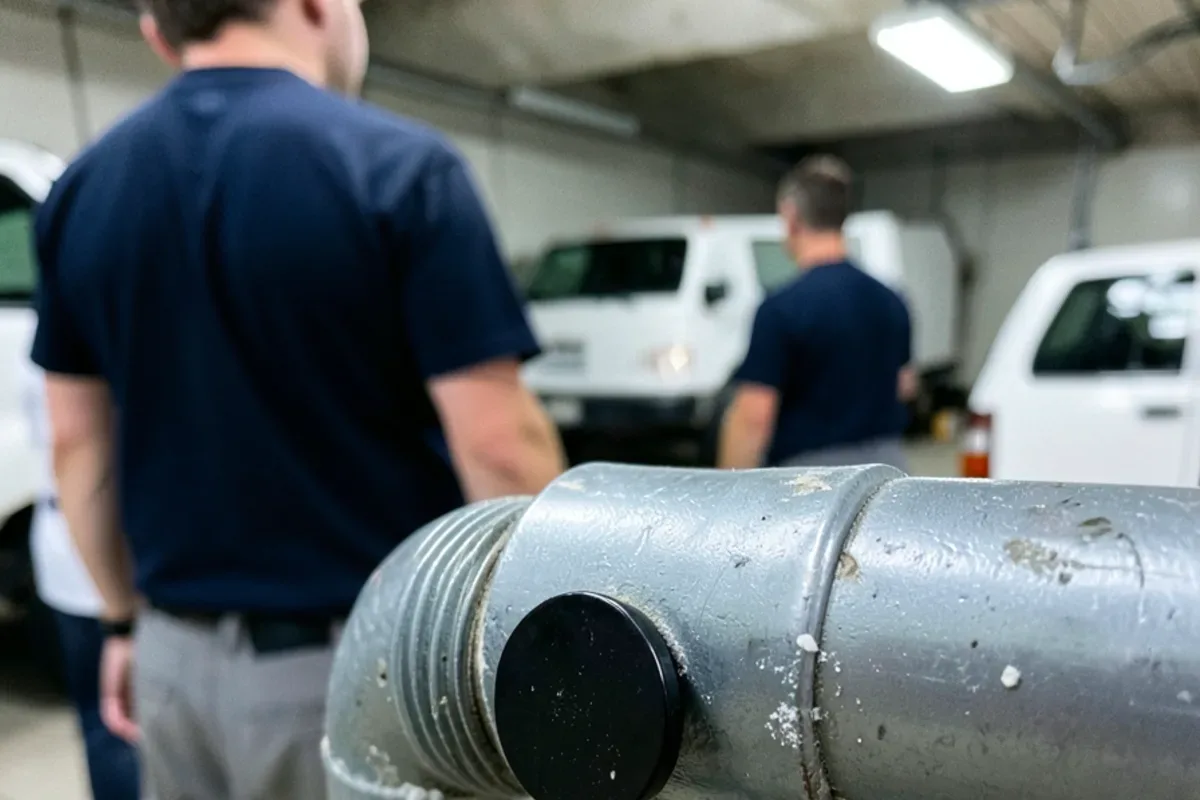 Refrigerator magnet clinging to a gray galvanized water pipe beside a threaded elbow
