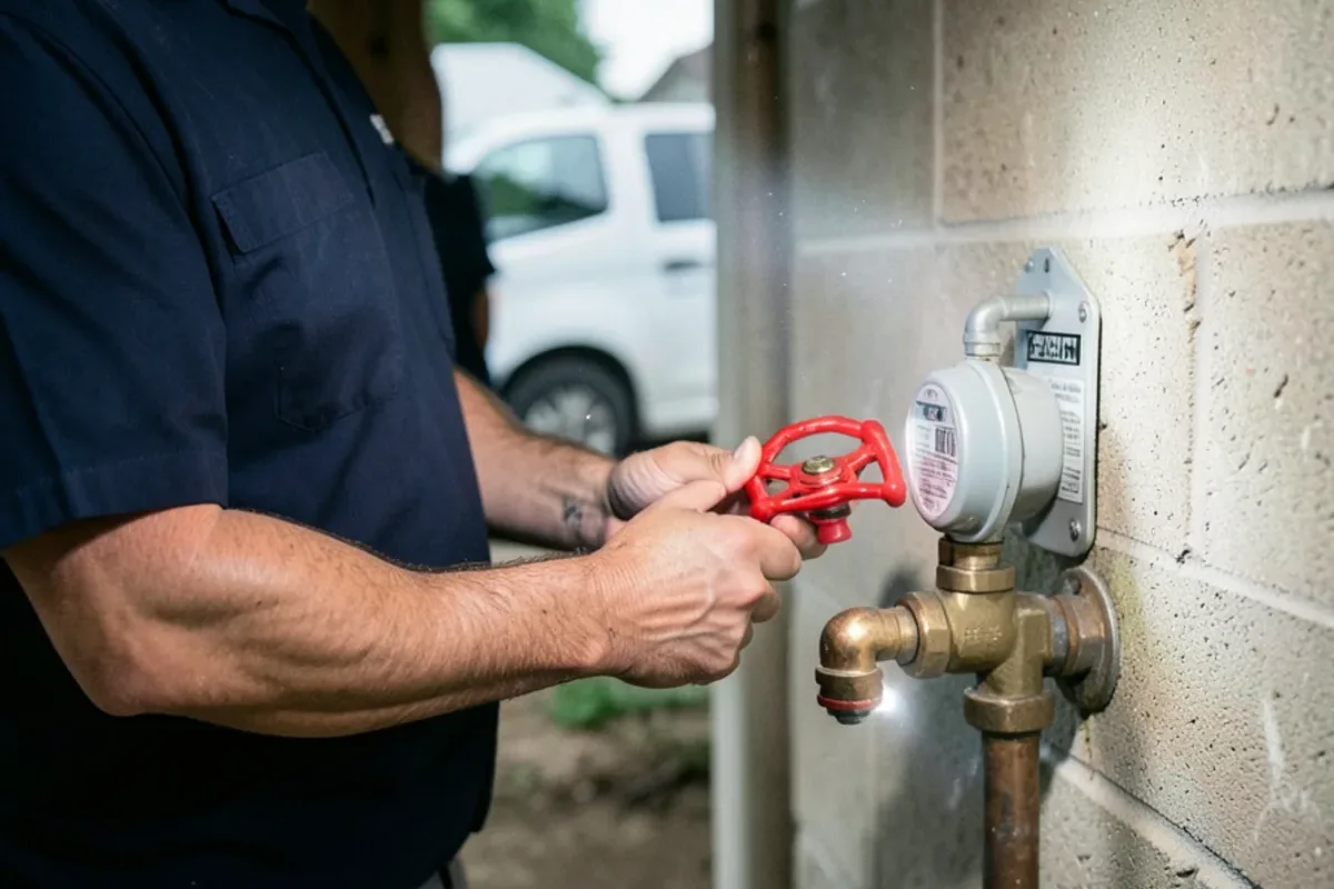Hand turning a red lever handle on a main water shutoff valve beside a basement water meter