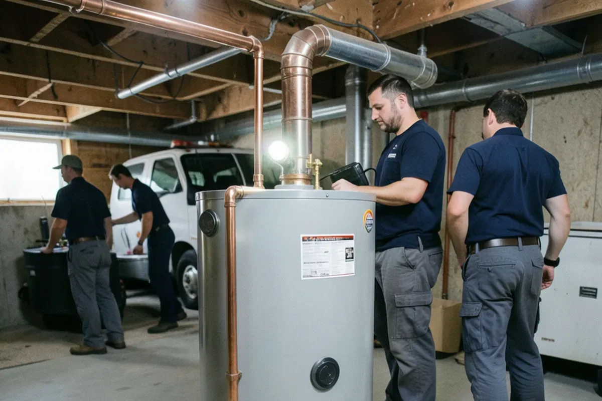 Gas water heater in a rental basement with its relief valve discharge pipe ending near the floor
