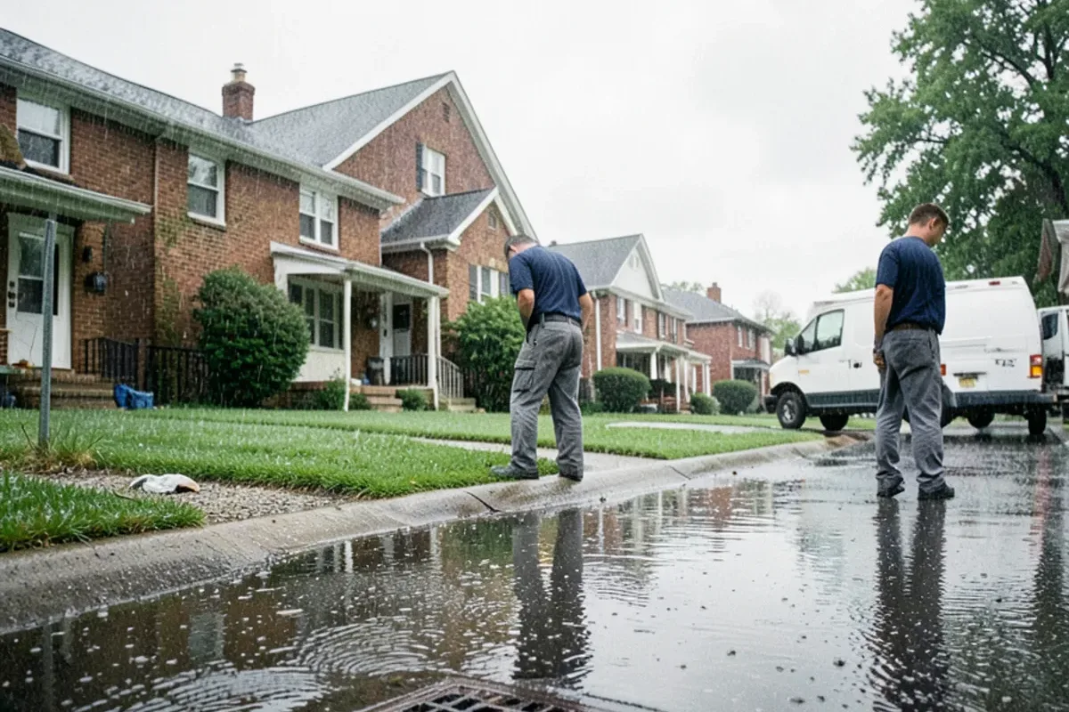 Rainwater pooling over a street catch basin in front of a row of postwar brick houses