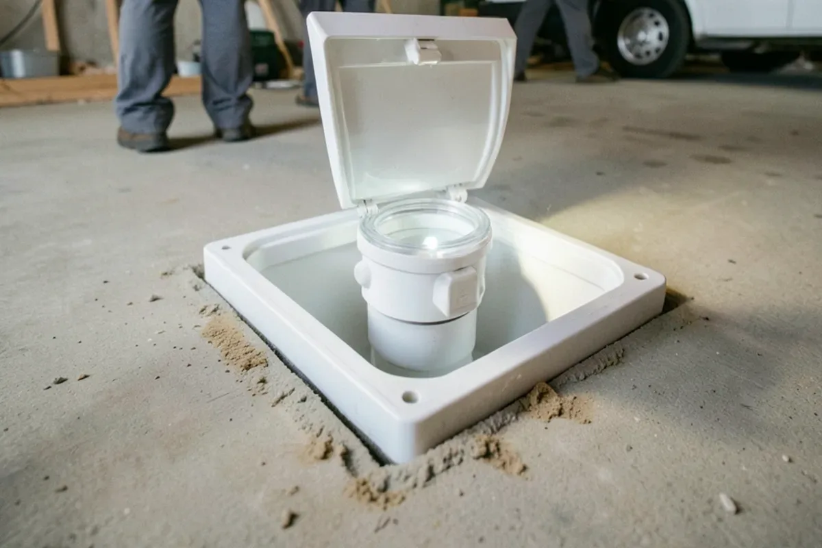 Open access box in a basement floor showing a clear-topped backwater valve
