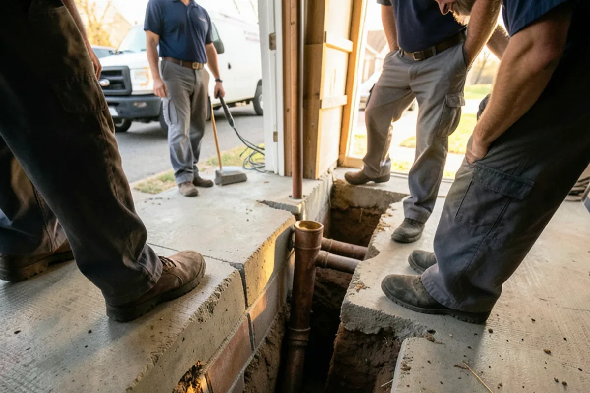 Old clay footing tile joining a cast iron building drain in an opened basement floor trench