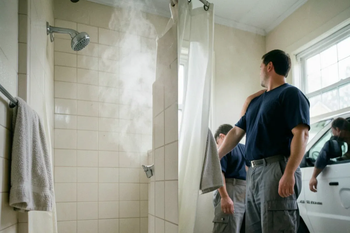 Steam rising from a running shower in a small tiled bathroom