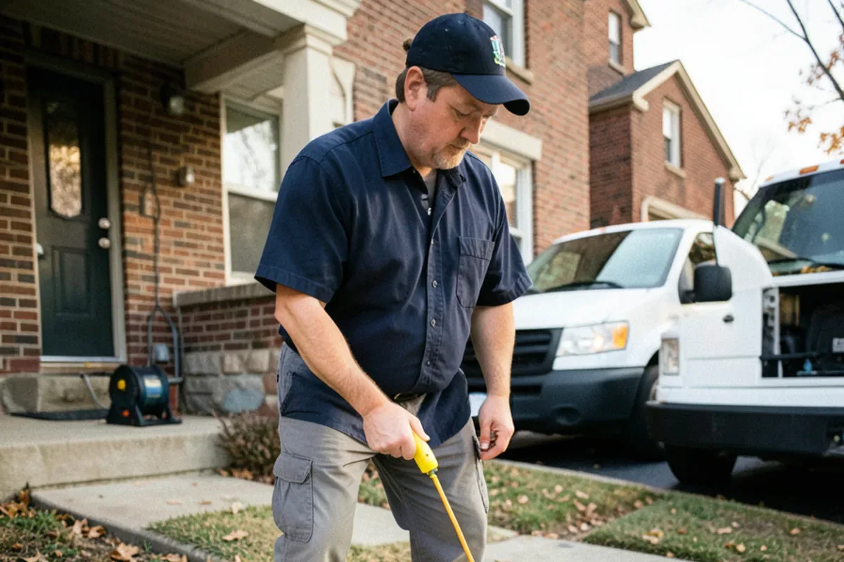 Plumber holding a pipe locator wand over a public sidewalk to mark a buried sewer camera