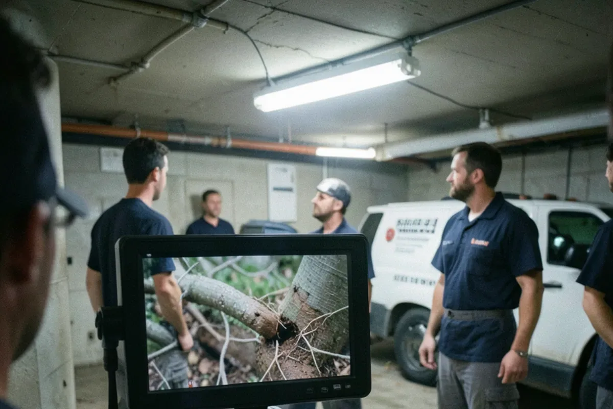 Sewer inspection camera monitor showing roots inside a clay pipe joint