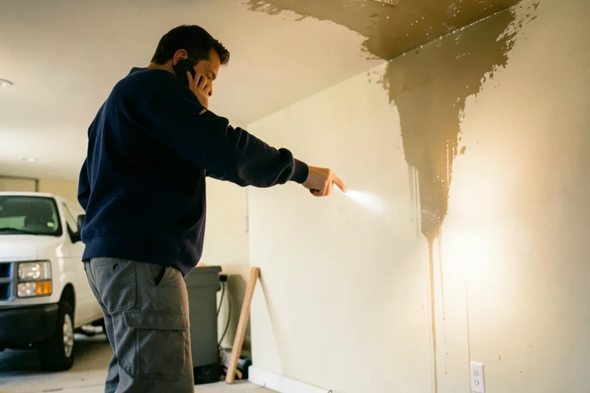 Homeowner on a phone call looking up at a wet stain on a basement ceiling